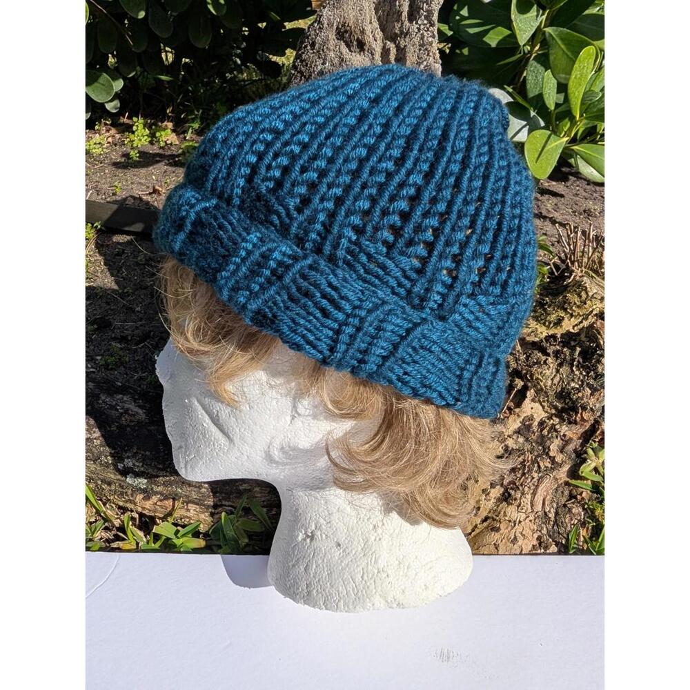 Small Knit Beanie Teal Blue Handmade Winter Hat Limited Stretch